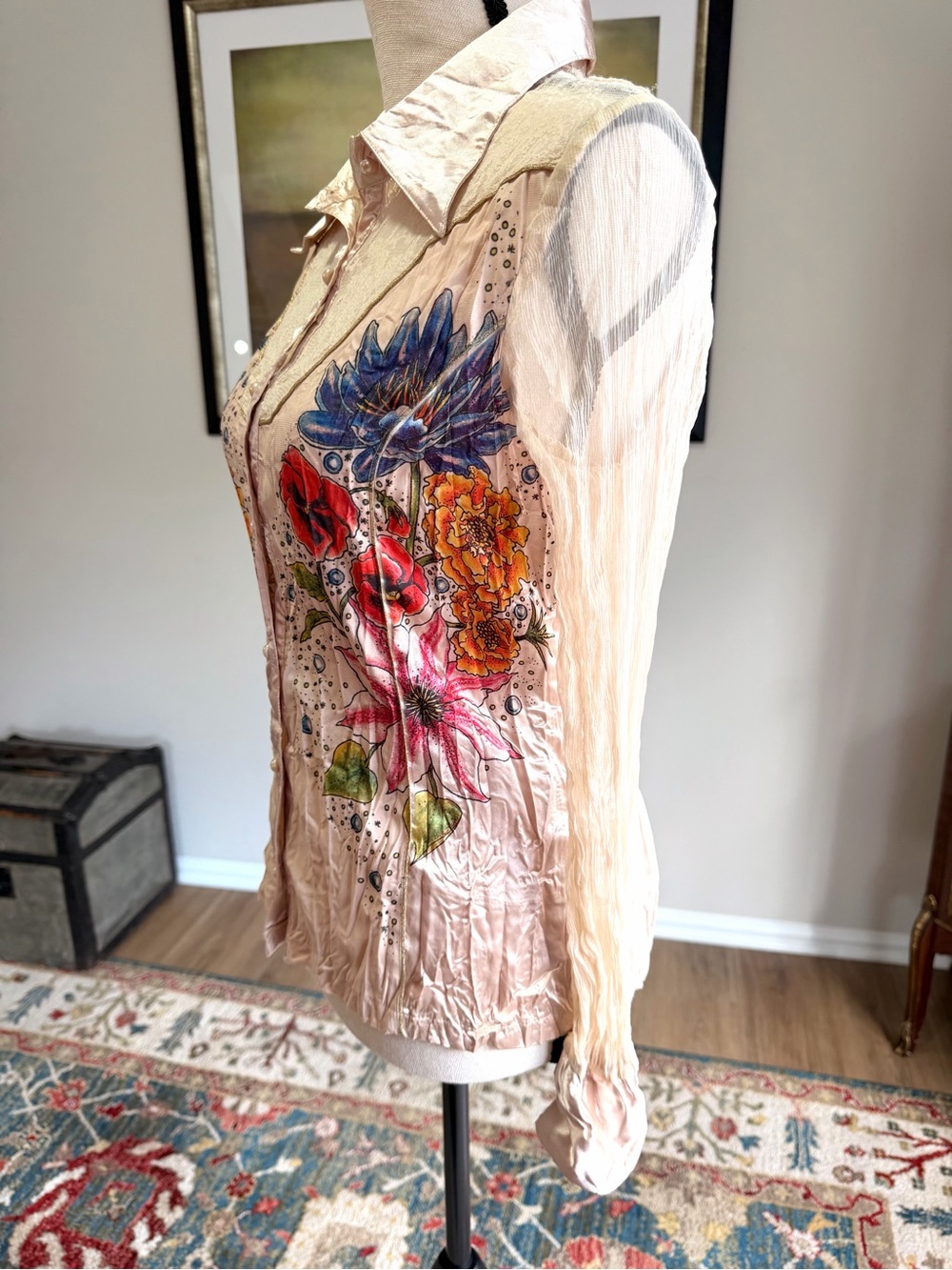 Alberto Makali Silk Blend Floral Lace Boho Button Blouse Top M - Picture 9 of 13